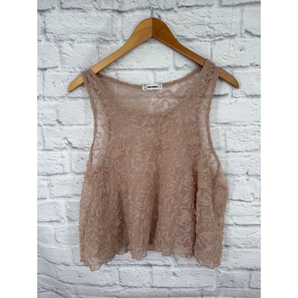 Free People Lace Tank Top Taupe Sheer Floral Boho Coquette Romantic Sleeveless M